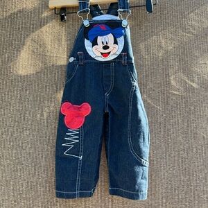 Vintage 90s Disney Mickey Mouse Denim Overalls Shorts, Embroidered Patches Sz 2